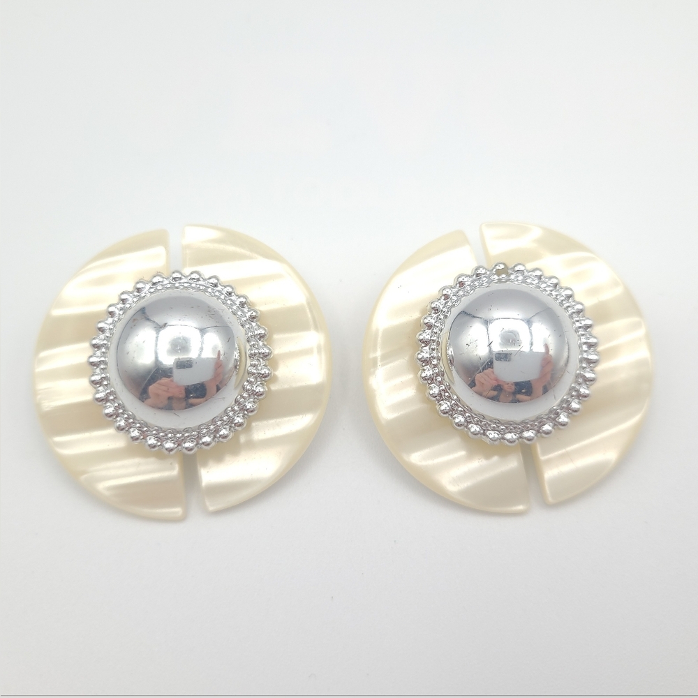 Vintage Cream Lucite Clip-On Earrings Silver Tone Statement Disc